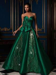 女士无袖梭织正式礼服，饰有撞色亮片滚边和喇叭形下摆，适合婚礼穿着 - 墨綠色 - 查看 3