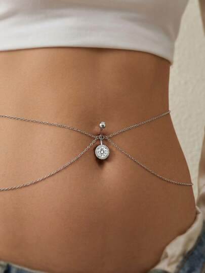 1件波西米亚风14G 316L不锈钢肚脐环，配双层腰链，比基尼肚脐穿刺饰品，女士沙滩配饰，优雅礼物