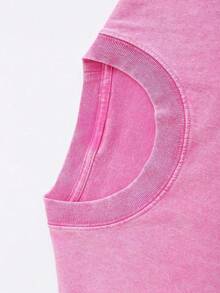 Black Vintage Washed Cotton Tee For Women 18-50 Pinkpantheress Signature Graphic Print Indie Pop Streetwear Loose Fit Top - 玫紅色 - 查看 2