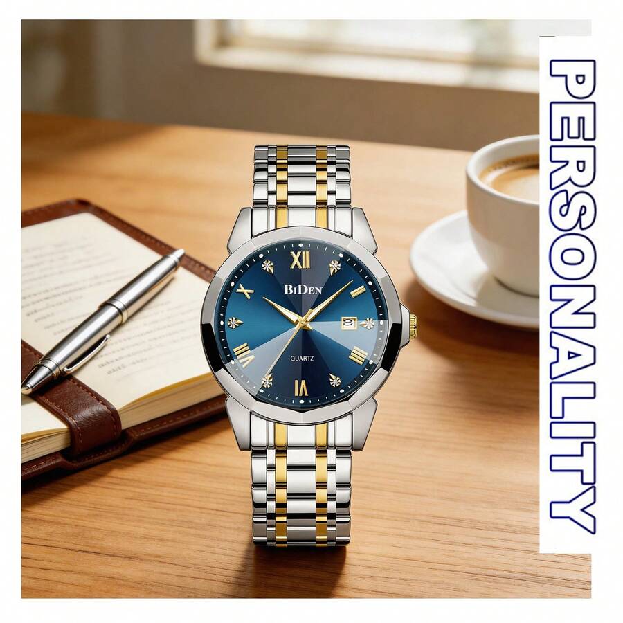 BIDEN 1 chiếc đồng hồ nam cao cấp đính kim cương, dạ quang, lịch, máy quartz, đường kính 42mm, dây đeo màu xanh vàng, thời trang công sở, chống nước. - Màu xanh lam - Xem 1