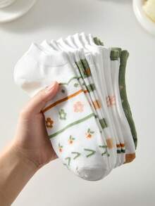 5 Pairs Women's White & Green Breathable Floral & Letter Pattern Ankle Socks, Cute & Comfortable, Random Colors, Suitable For All Seasons - Multicolor - View 11