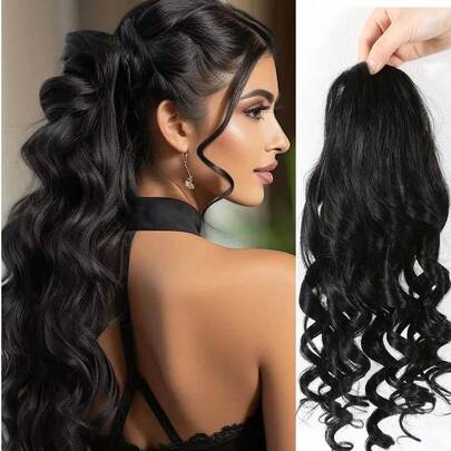 Tóc giả đuôi ngựa dài gợn sóng có dây rút, kẹp càng cua, thích hợp cho nữ, dùng hàng ngày.