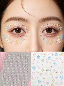 1 pièce Autocollant de maquillage pour les yeux avec strass floral macaron ! Accessoire de maquillage créatif et doux pour fille, pour maquillage de scène. Décoration florale en cristal translucide, facile à capturer l'ambiance du maquillage printanier pour les photos ! Style Y2K, paillettes pour le visage, carnaval, décoration faciale, look de concert, pierres précieuses pour le visage - Multicolore - Voir 1