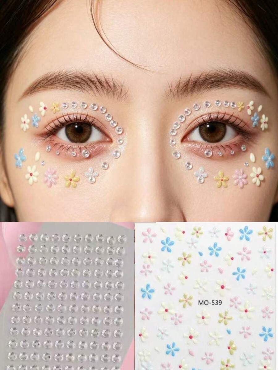 1 pièce Autocollant de maquillage pour les yeux avec strass floral macaron ! Accessoire de maquillage créatif et doux pour fille, pour maquillage de scène. Décoration florale en cristal translucide, facile à capturer l'ambiance du maquillage printanier pour les photos ! Style Y2K, paillettes pour le visage, carnaval, décoration faciale, look de concert, pierres précieuses pour le visage - Multicolore - Voir 1