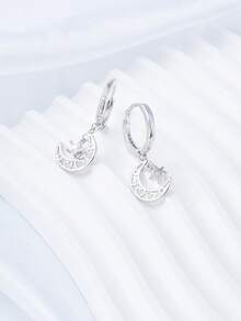 925纯银耳环，镶嵌立方氧化锆月亮星星吊坠耳环，精致珠宝，适合日常佩戴，生日礼物 - 銀色 - 查看 4