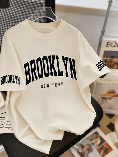 Áo thun tay ngắn cổ tròn in hình Brooklyn New York cỡ lớn, kiểu dáng thoải mái, đa năng, thích hợp mặc hàng ngày vào mùa xuân và mùa hè.