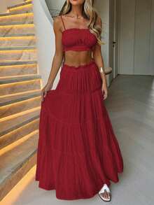 Look-Polly 女士优雅夏季婚礼活动两件套，性感吊带露脐上衣显瘦，优雅A字裙，沙滩连衣裙套装，适合派对和度假 - 酒紅色 - 查看 7