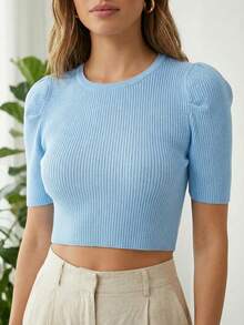 Top corto de punto para mujer, manga corta abullonada, tejido acanalado, cuello redondo, ajuste elástico, diseño juvenil y femenino, ideal para combinar con jeans, shorts y faldas, prenda ligera ideal para primavera y verano, estilo casual y elegante, ideal para el colegio o looks de oficina, outfits urbanos y looks cómodos - Azul - Ver 4