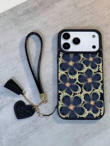 1pc Vintage Floral Pattern Litchi Texture Anti-Drop Anti-Slip Soft Phone Case + Heart-Shaped Lanyard, Compatible With Apple, Phones - Multicolor - View 2