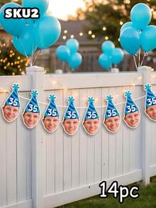 7/14/21pc Custom Photo & Number Birthday Hat Banner – Personalized Blue Striped Party Hat Garland With Face Photo | First Birthday, Back To School - Multicolor - View 15