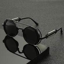 Unisex Steampunk Fashion Glasses With Vintage Metal Spring Decoration, Round Large Frame Women's Glasses, Men's Cool Black Hip-Hop Party Glasses - Khung đen, màng đỏ - Xem 2