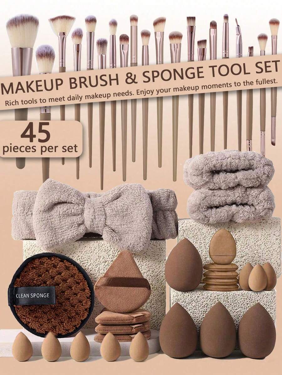 Brown Makeup Brush Set, Professional Makeup Kit, Multi-Functional Makeup Tool Set, Includes Face Makeup Sponge, Foundation Brush Set, Eye And Face Makeup Brushes And Tools (Available In 1/20/45 Piece Set) - Brown - View 1