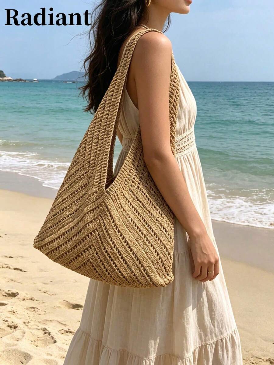 And Stylish Casual Crocheted Shoulder Bag, Simple And Large-Capacity Commuter Tote Bag, Beach Bag,Suitable For Vacations And Beaches. - Khaki - View 1