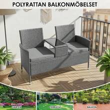 Polyrattan Garden Bench With Table, Balcony Furniture Set Of 2 With Soft Seat Cushions, Garden Furniture Set For Small Balconies, Weatherproof, UV-Resistant, Outdoor Bench For Patio, Garden - 灰色 - 查看 7