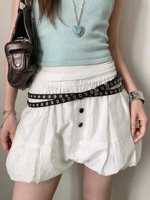 1pc Black PU Material Rivet Studded Casual Belt, No Buckle Required - Black - View 4