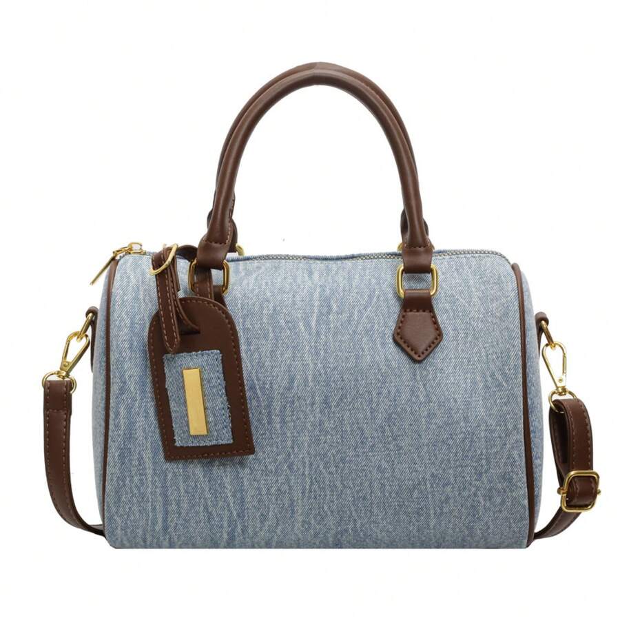 Borsa a sacca cilindrica in denim, borsa a tracolla con cerniera per donna, adatta per uso quotidiano, pendolarismo e viaggio - Blu - Visualizzare 1