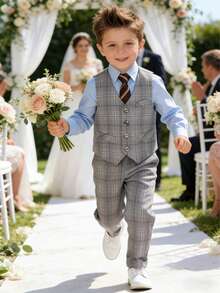 Young Boy Plaid Single-Breasted Tie Decor Vest Top And Pants Formal Suit, Suitable For Host - Light Grey - View 4