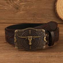 1pc Versatile Western Cowboy, Bull Head Embossed, Unisex Casual, Boho, PU Leather, Rivet Decor, Durable, Fashion, Everyday, Youth, Stylish, Suitable For Valentine's Day, Gift, Partner, Outdoor, Back To School, Girls, Boys, Halloween, Christmas, All Season Unisex Belt 6AL8 - Nâu 2 - Xem 11