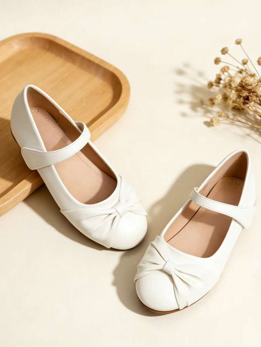 1 Pair New Elegant Girls White Mary Jane Shoes With Ruffle Bow, Comfortable For School, Wedding, Daily Wear, Party And More Occasions - White - View 1