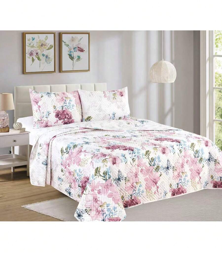 Quilted Bedspread + 2 Pillowcases, Printed For Spring, Summer, Autumn And Winter. 100% Microfiber, 150 X 150 Cm. - Design-3 - View 1