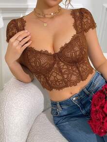 Áo corset tay ngắn ren lông mi màu nâu – Món đồ không thể thiếu cho buổi hẹn hò, tiệc tùng và phong cách đường phố gợi cảm. - màu nâu - Xem 5