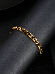 1pc Fashionable Gold Stainless Steel Chain Bracelet, Street Hip-Hop Style Jewelry Gift For Family And Friends - Gold - View 2