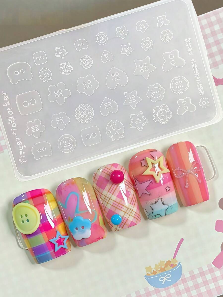 1个硅胶美甲模具，可爱卡通纽扣熊和星星图案，多功能美甲雕刻模具，美甲师必备工具 - 無色 - 查看 1