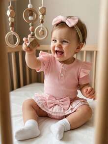 Newborn Baby Girl Summer Clothes Infant Baby Girls Summer Outfit Ribbed Knit Short Sleeve Romper Elastic Waist Plaid Shorts Ruffled Skirts Headband Set - 粉色 - 查看 5