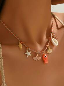 1pc Blue Bohemian Style Braided Rope Necklace With Starfish, Shell And Pendant Charms, Suitable For Summer Beach Vacation And Party - Multicolor - View 2