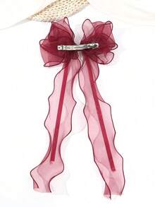1个女士蕾丝缎带大蝴蝶结发夹，适合日常佩戴、爪夹、节日、派对等场合 - 酒紅色 - 查看 4