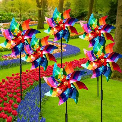 Set de 4 piezas Decoraciones de molinillo de viento colorido para exteriores, giratorio de viento brillante, adecuado para césped, patio, jardín, fiesta, vacaciones y decoración de lugares pintorescos. Aplicable para balcón, patio, jardín y patio, también se puede usar como accesorios para fotos y decoración de parque de atracciones - Requiere autoensamblaje