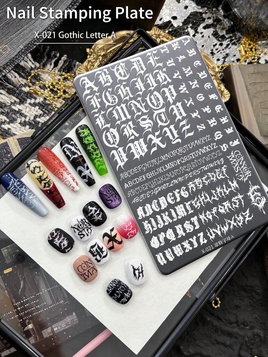 XEIJAYI 1件装美甲印花板，哥特字母A图案美甲模板，金属印花板，适用于专业美甲师，DIY美甲设计工具
