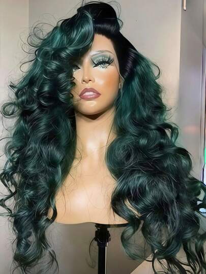 Ombre Green Body Wave Lace Front Wigs Human Hair 13x4 HD Pre Plucked Glueless Natural Hairline With Baby Hair Lace Front Wigs Highlight Green Wigs Human Hair For Women 200 Density Water Wave Ear To Ear Long Gift For Women