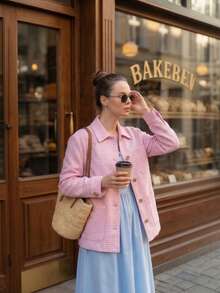 Áo khoác nữ thường ngày, áo khoác vải tweed kẻ caro thanh lịch, đa năng, có túi, phù hợp cho công sở, hàng ngày, hẹn hò, mùa xuân. - Hồng - Xem 4