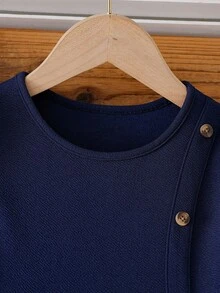 Toddler Girls' Solid Color Bubble Short Sleeve Dress With Faux Button Decor, Daily Wear - Navy Blue - View 3