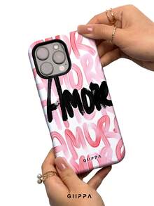 1件藝術感「Amore」設計手機殼，適用於Phone 17 Pro Max，相容Phone 16 Pro Max、15 Pro Max、14 Pro Max，韓系高端時尚趣味手機殼，相容11/12/13/14/15/16 Pro Max Plus，優雅設計男女皆宜，送女友的完美禮物 - 紅色 - 查看 4
