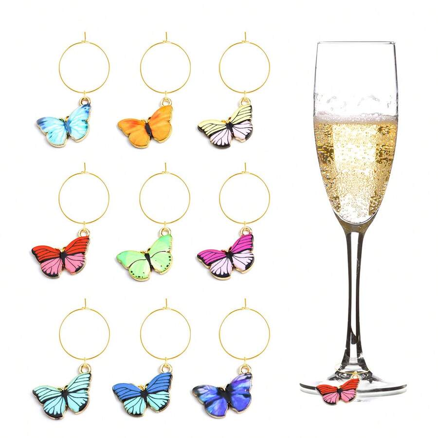 9pcs Spring & Summer Butterfly Wine Glass Markers, Glass Tags Identifiers, Bookmarks, Drink Labels, Wine Tasting Party Decorations