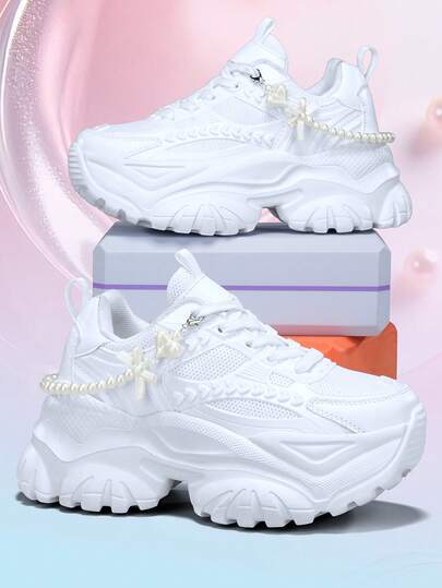 Sweet Fairy Style Women's Casual Shoes, Student Lightweight Platform Sneakers With 7CM Increase, Featuring Heart & Bow Decor, Breathable Outdoor Skateboard Shoes For All Seasons