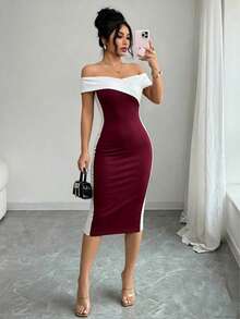 Vestido midi feminino elegante e moderno com cores contrastantes, modelo lápis de manga curta, ideal para festas no verão. - Borgonha - Ver 8