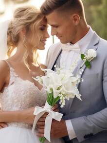 白色马蹄莲新娘伴娘手捧花束婚礼花束人造花束婚礼鲜花新娘配饰，婚礼摄影棚手捧花，夏季，海滩 - 白色 - 查看 5