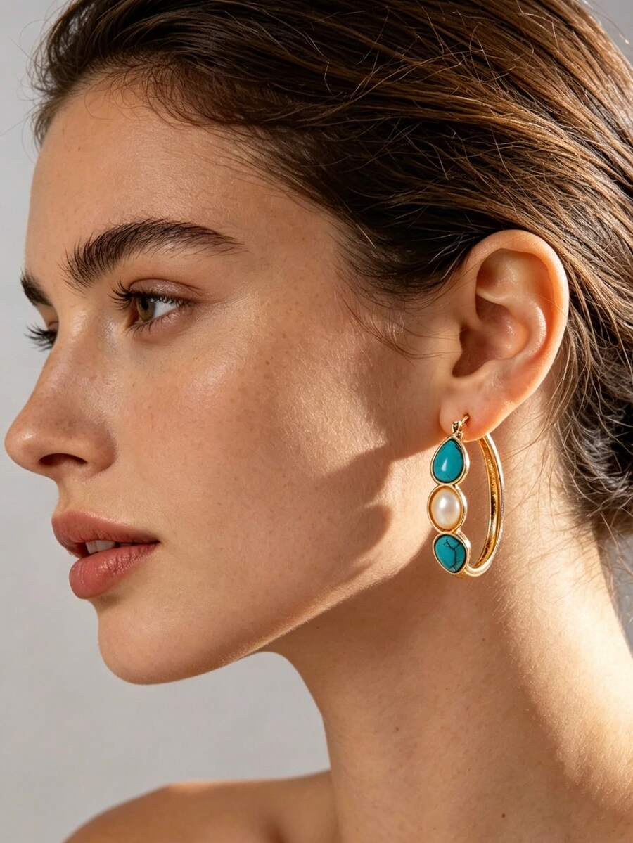 1 Par de Brincos de Argola Elegantes e Vintage com Pedra Oval de Turquesa, Brincos Personalizados da Moda para Uso Diário - Dourado - Visão 1