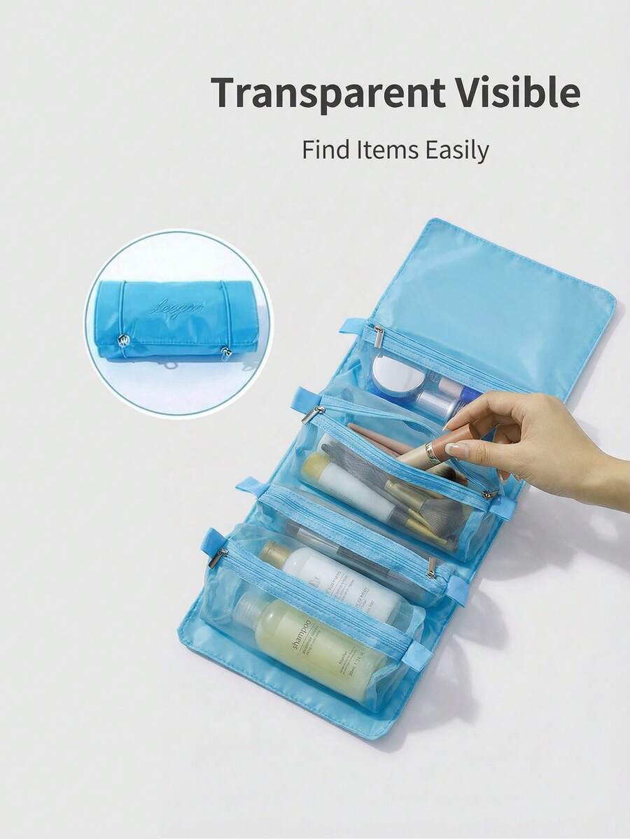 1pc Blue Detachable Makeup Folding Bag With Multi-Layer Design, 4 Mesh Pockets Inside, Large Capacity Cosmetic Travel Organizer Bag, Essential Gift For Makeup, Toiletries, Accessories Storage - Blue - View 1