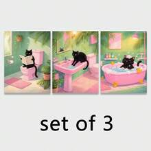 3件套趣味十足的黑猫浴室装饰画；灵感源自多巴胺的马卡龙风格可爱宠物插画海报；适用于浴室和客房的墙面装饰；无框 - 動物 - 查看 13