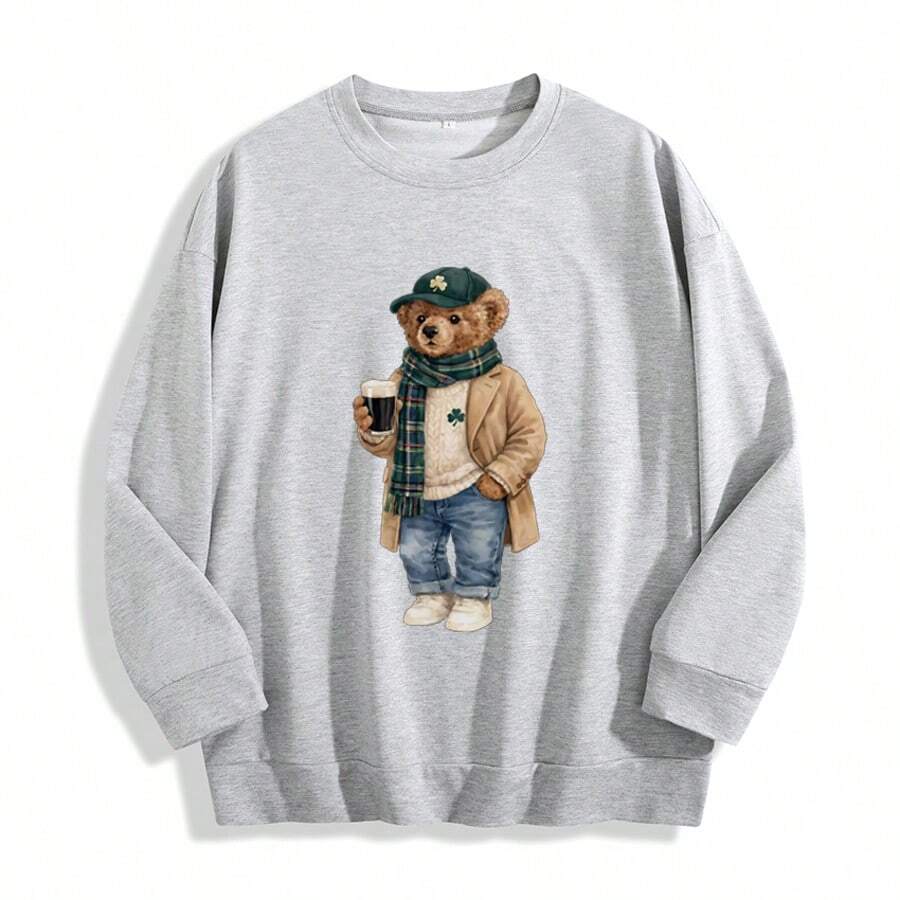 Lucky Teddy Bear St Patricks Day Sweatshirt, Preppy Irish Beer Lover Crewneck, Plaid Shamrock Bear Pub Crawl Sweater, Teddy Bear Gift - Màu Xám nhạt - Xem 1