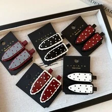 复古波点鸭嘴夹刘海夹，简约侧刘海夹，百搭优雅发夹发饰 - 紅色黑邊2pcs - 查看 3