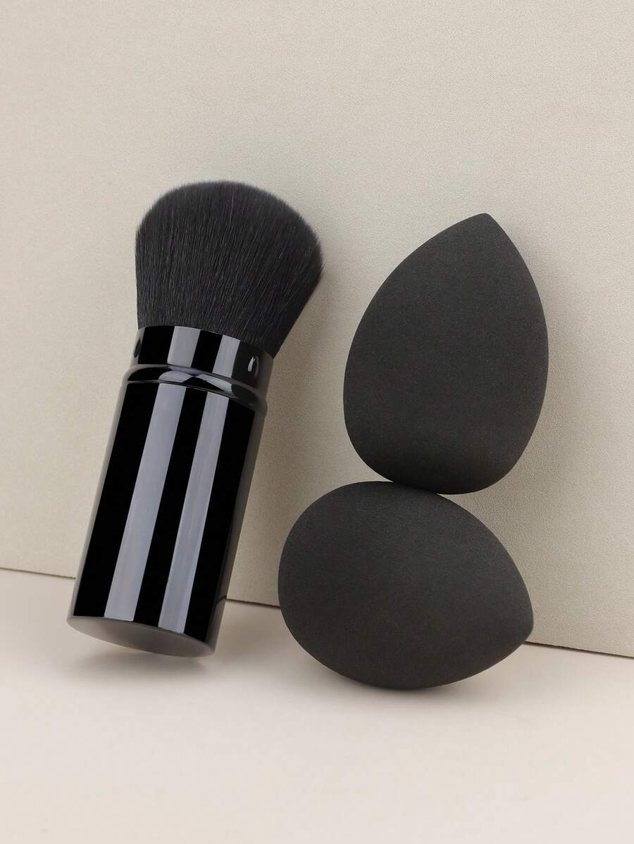 3件套 - 1支专业化妆刷 + 2个化妆海绵 可伸缩腮红粉饼粉底遮瑕膏歌舞伎化妆刷 化妆工具 - 彩色 - 查看 1