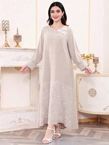 2026 New Style Elegant Embroidered Apricot Arabic Dress, JALABIA Long Sleeve 3D Floral Robe, Ramadan Tradition - Apricot - View 6