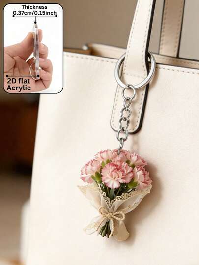 Elegant 2D Flat Acrylic Carnation Bouquet Bag Charm, Lightweight Flower, Mother's Day Bouquet Pendant, Fun Ornament, Backpack Accessory, Fashion Pendant, Home Decor, Car Decor And Pendant, Headphone Pendants, Bag Pendants, Accessory Gift, Perfect Gift For Family And Friends, Valentine's Day Gift, Birthday Gift, Party Gift, Anniversary Gift, Wedding Gift