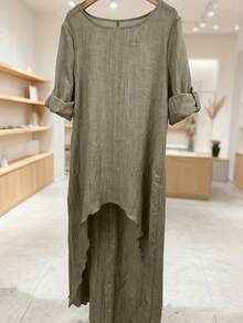 Plus Size Women Solid Color Roll-Up Sleeve Round Neck Asymmetric Hem Long Blouse Spring - Khaki - View 4