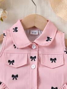 Baby Girl Sleeveless Dress With Collar, All-Over Bow And Button Design, Sweet Princess Style Infant Dress - Pink - View 4